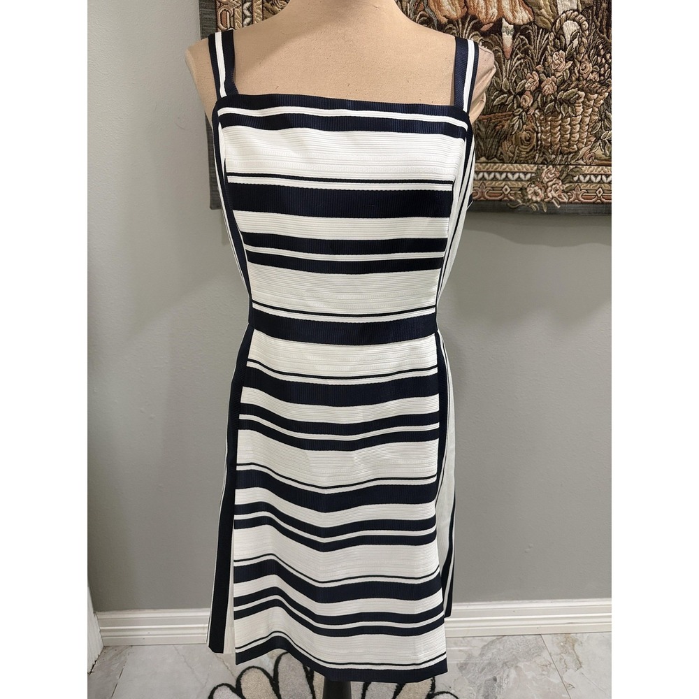 Eliza J Dress‎ Womens 14 White Navy Stripe Square Neck Sheath Knee Nautical